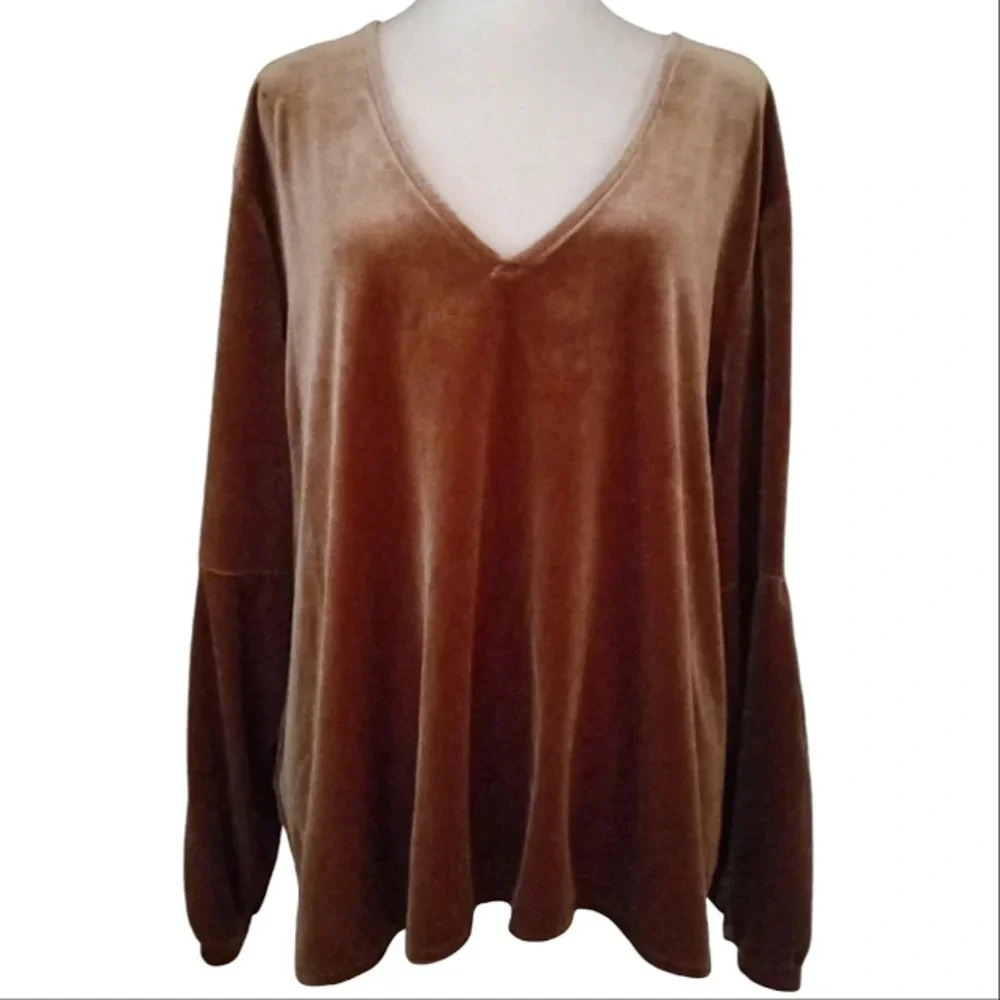 Madewell Velvet Velour Bubble Bishop‎ Sleeve V Neck Blouse Burnt Sienna Size 3X